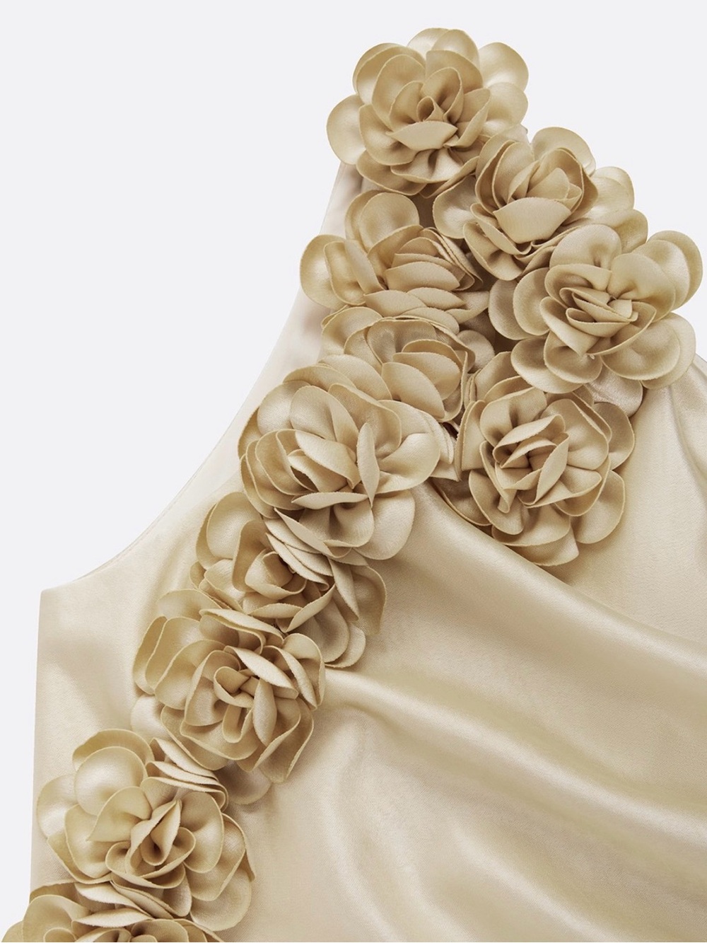 One-Shoulder Champagne Satin Evening Gown with Floral Accent #396 - Picture 9 of 13